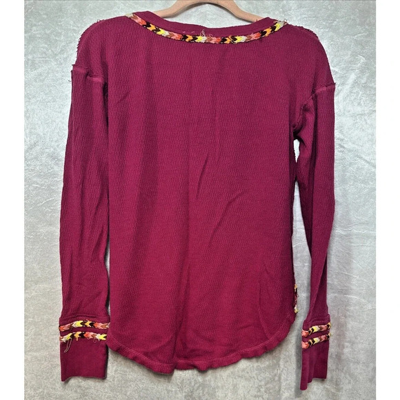 Free People Womens Sz S Embroidered Thermal Henley Top Waffle Knit Top Rainbow - Picture 6 of 12
